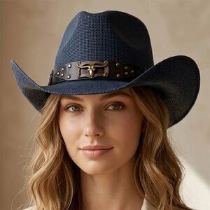 Navy Denim Steer Head Accent Studded Faux Leather Band Western Straw Cowboy Hat